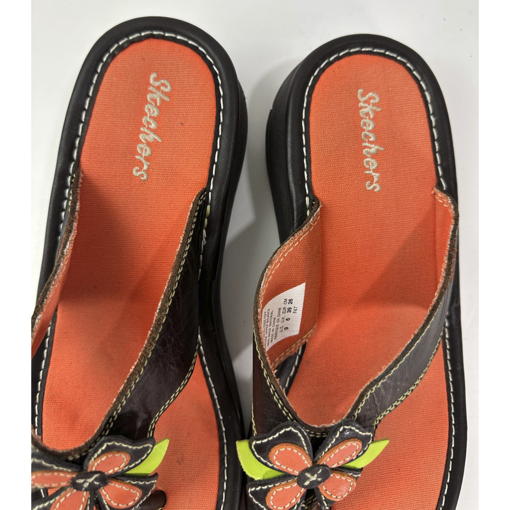 Skechers Y2K Style Flower Flip Flop Sandals Leather Size 9 Hippie Boho Festival - Picture 5 of 14